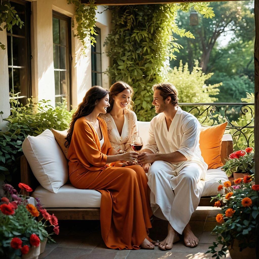 A warm and inviting scene featuring a couple connecting deeply on a sunlit terrace, surrounded by lush greenery and blooming flowers. Soft, intimate gestures like holding hands and laughing, with gentle sunlight filtering through leaves. Incorporate elements of romantic intimacy such as a cozy blanket and a glass of wine, evoking a sense of desire and affection. super-realistic. vibrant colors. warm tones.