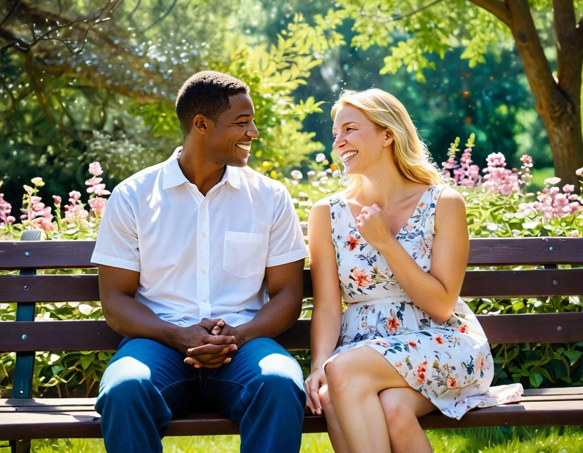 A couple sitting closely together on a park bench, sharing laughter and heartfelt conversation, surrounded by blooming flowers and soft sunlight filtering through the trees. Their playful gestures symbolize passion and connection, reflecting a warm bond. In the background, a serene environment adds to the feeling of intimacy. soft focus. vibrant colors. painting.